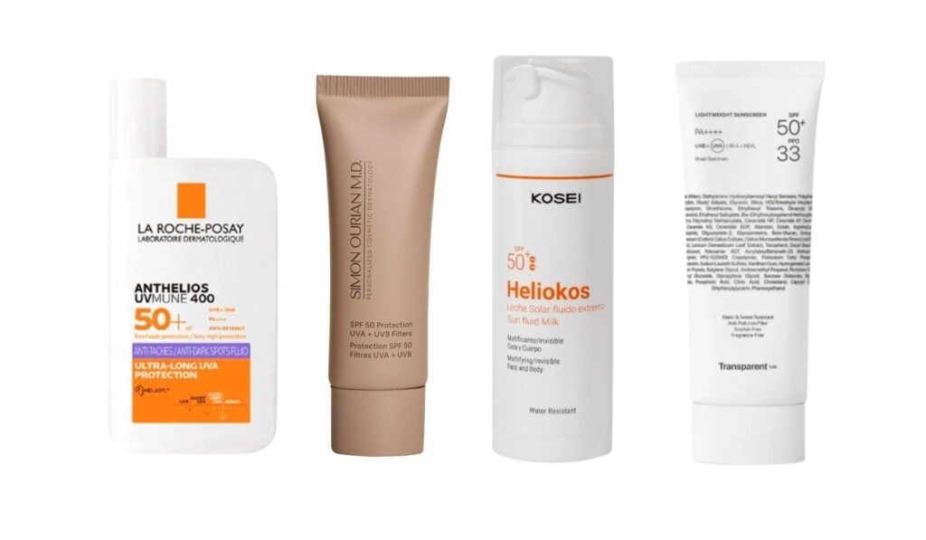 Слева направо: Anthelios UvMune 400 от La Roche-Posay; Фильтры SPF 50 Protection UVA + UVB от доктора Саймона Уриана; Гелиокос из Косеи; Невидимый солнцезащитный крем Spf50+ от компании Transparent Lab.